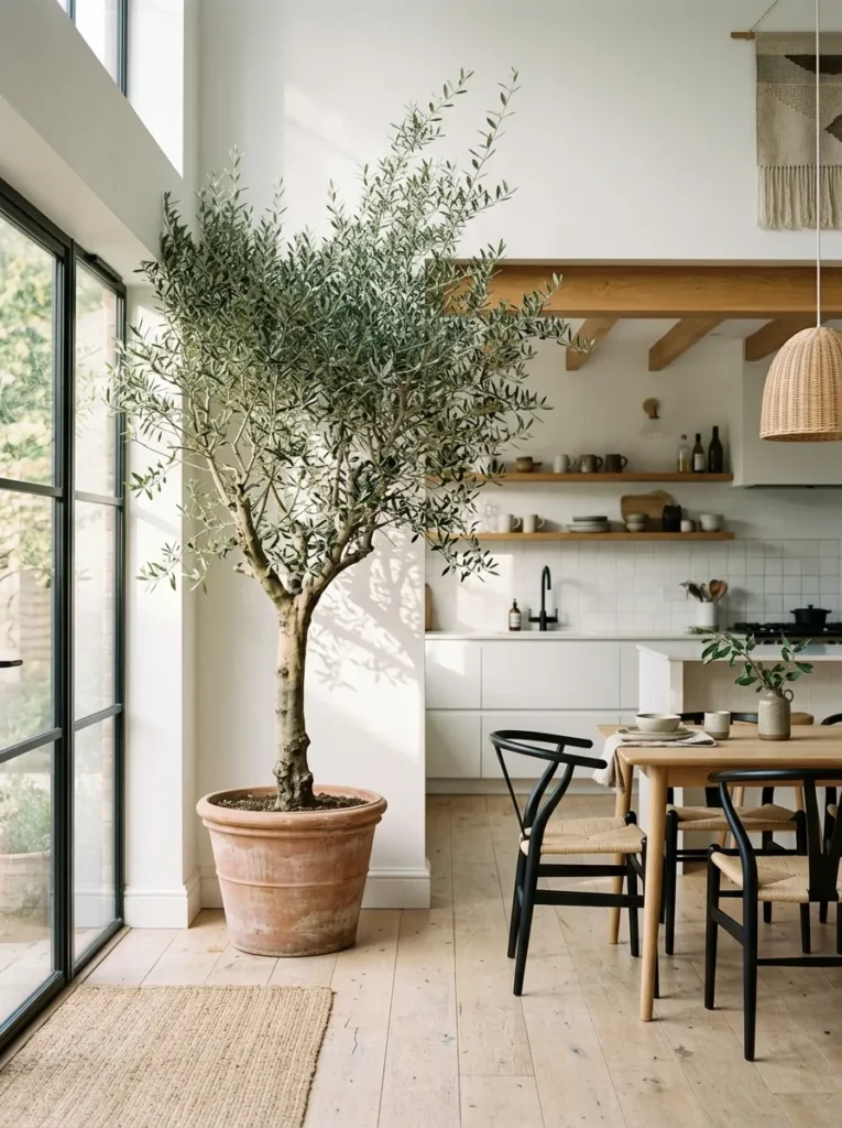 Mature olive tree in a large terracotta pot positioned near a window in a Scandinavian kitchen, casting leaf shadows on a white wall