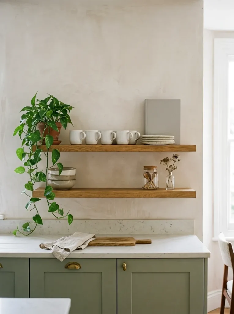 Section of Scandinavian kitchen wall with two floating oak shelves holding white ceramic mugs, stacked plates, and a trailing plant instead of upper cabinets