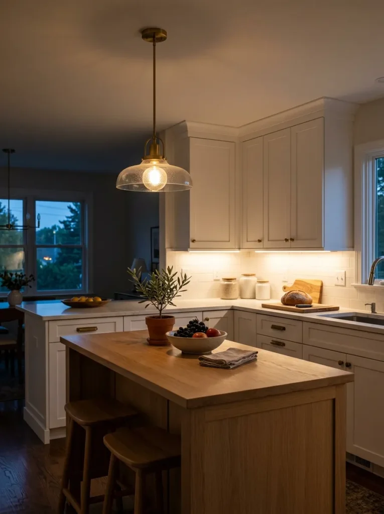 Scandinavian kitchen at evening with warm LED under-cabinet task lighting and a pendant lamp above the island creating two distinct light zones