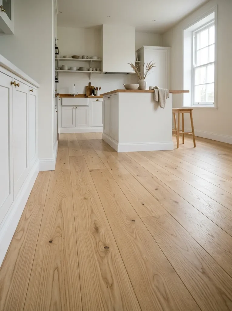Wide-plank pale ash wood floor in a Scandinavian kitchen, warm honey-beige grain visible in morning light