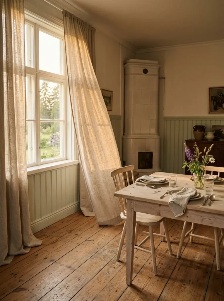 Floor-length natural linen curtains pooling slightly on aged pine flooring in a Finnish countryside dining room with sage-painted panelling.