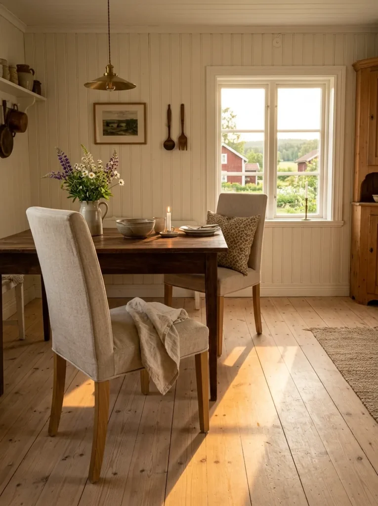Natural linen upholstered dining chairs paired with a dark walnut table in a Swedish farmhouse dining room with shiplap walls.
