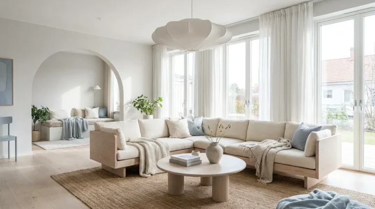 Low bouclé sofa beneath whitewashed oak beams in a bright Scandinavian living room in Copenhagen.
