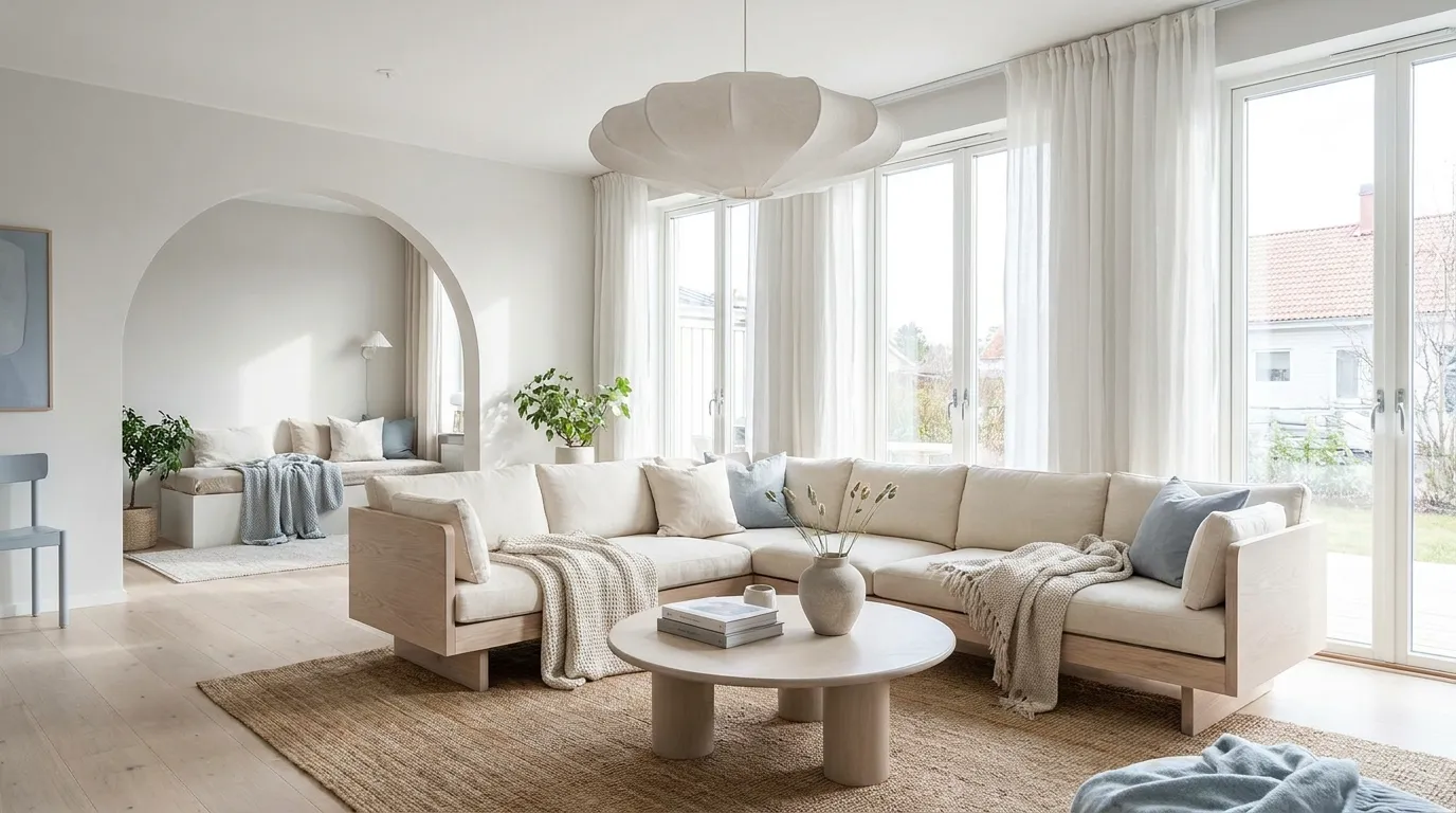 Low bouclé sofa beneath whitewashed oak beams in a bright Scandinavian living room in Copenhagen.