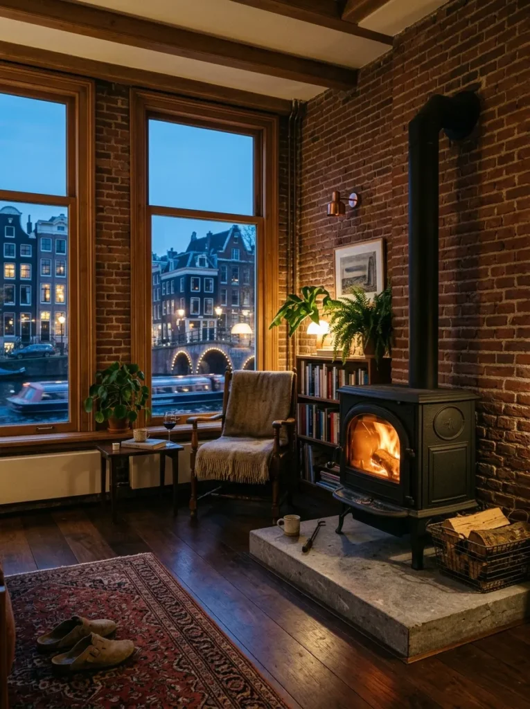 Freestanding cast-iron stove on a limestone hearth in an Amsterdam canal house living room.

