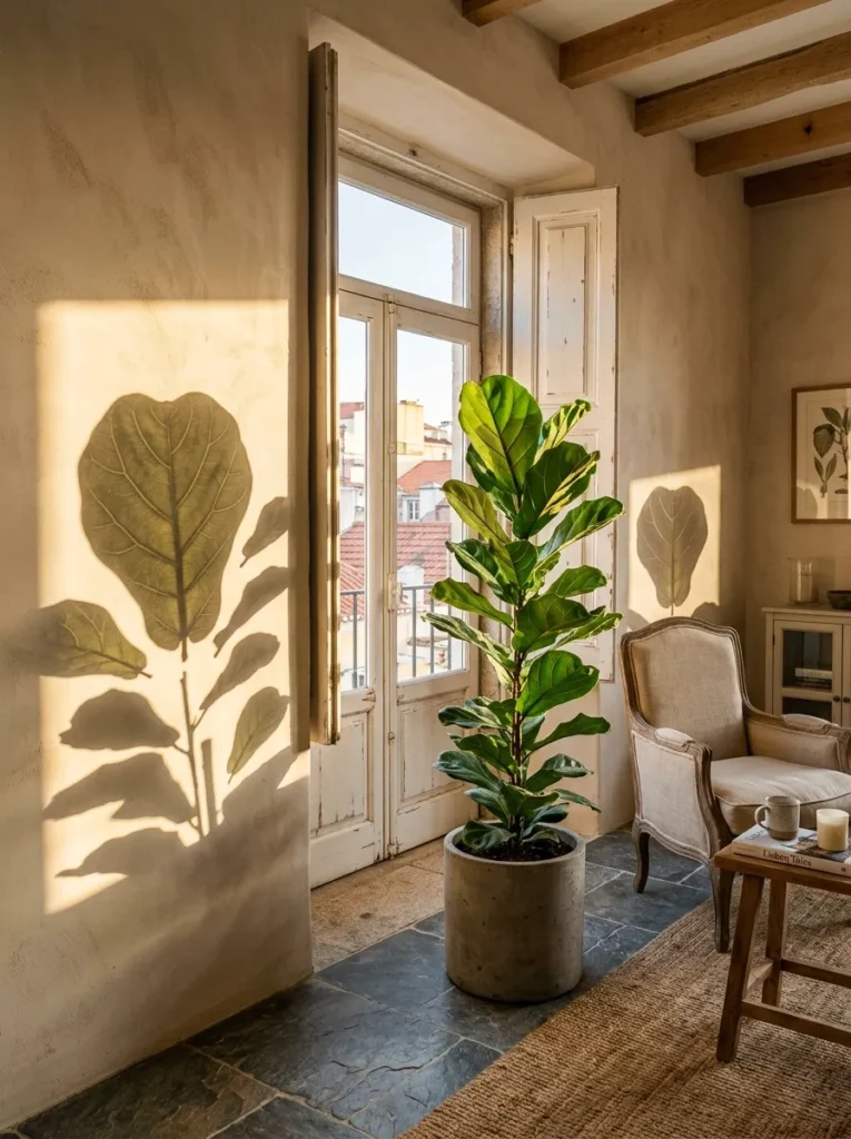 Fiddle-leaf fig in a concrete pot catching golden light in a Lisbon Provençal-style living room.

