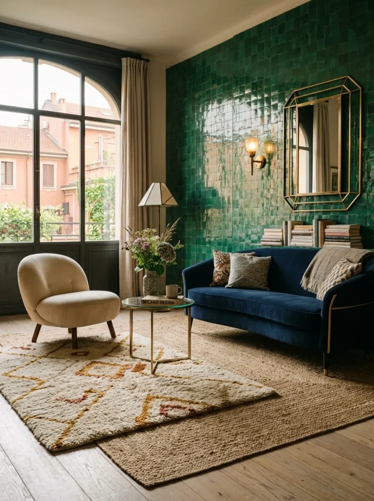 Flatwoven jute rug layered beneath a plush wool rug in a Milan Art Deco living room.


