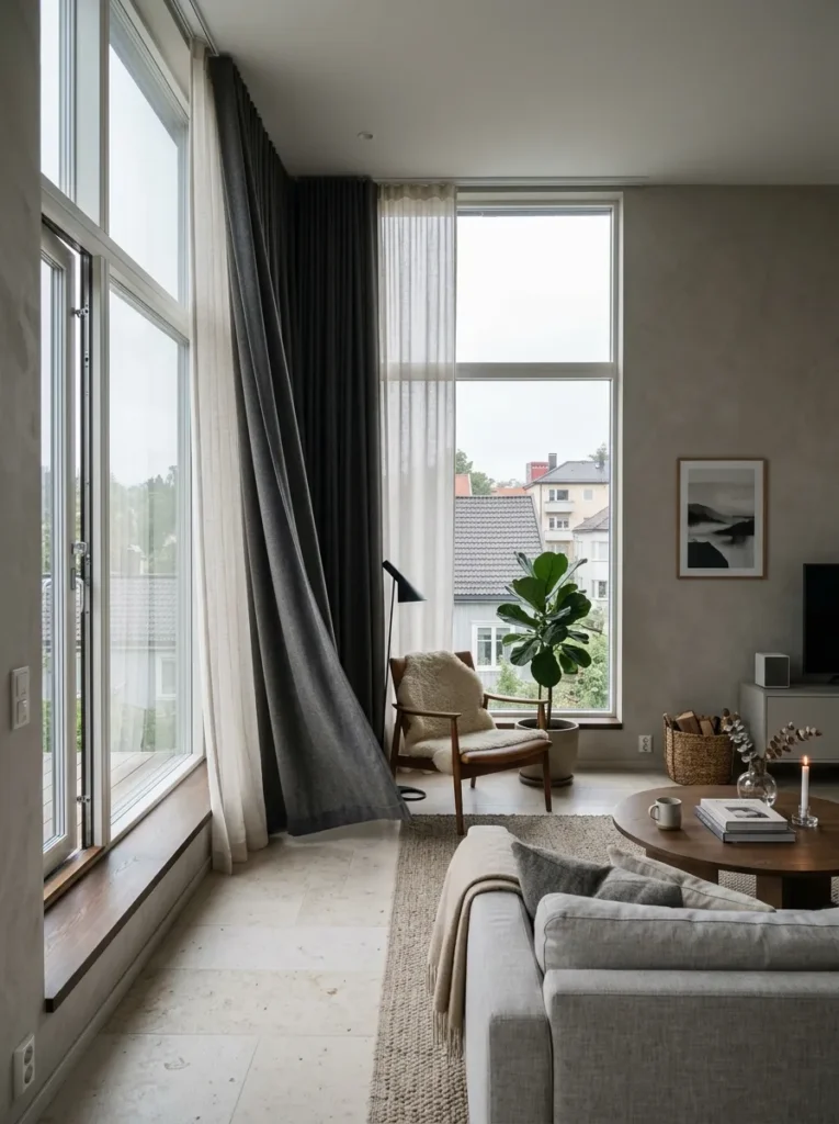 Layered sheer linen and wool curtains filtering diffused morning light in a Nordic living room.

