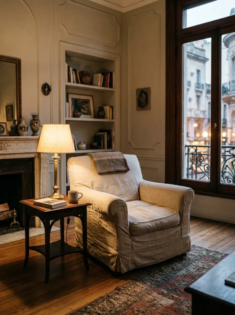 Undyed linen slipcovered armchair with natural creases in a Buenos Aires Art Nouveau apartment.

