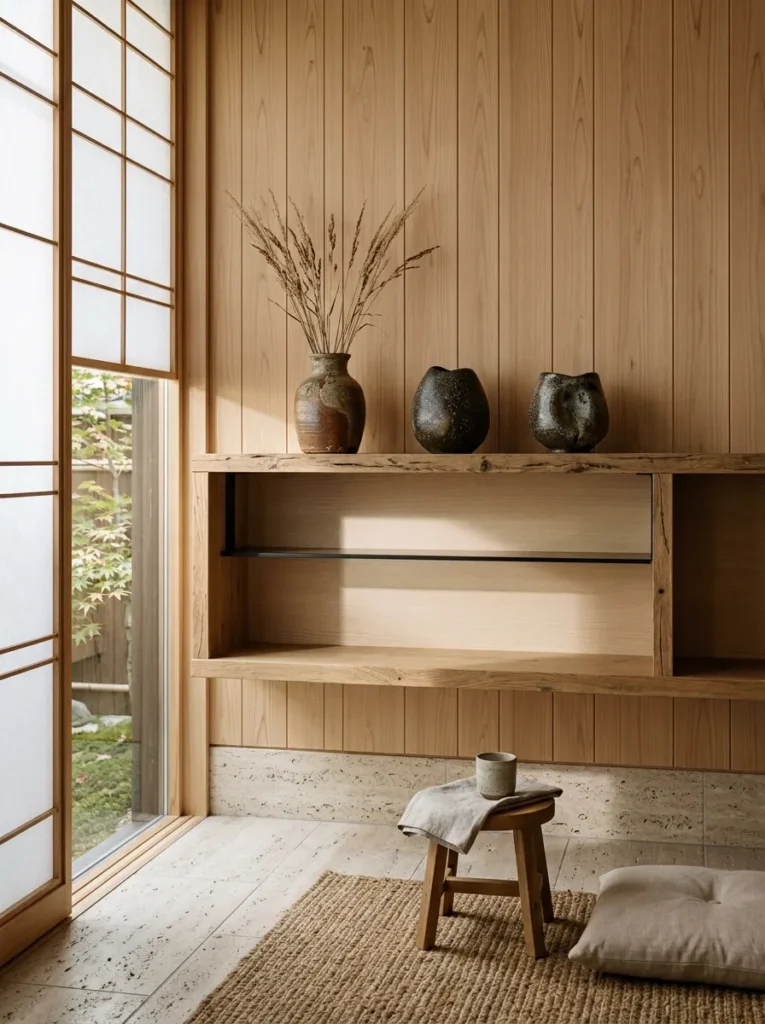 Raw oak shelving with hand-thrown stoneware and empty negative space in a Kyoto Japandi living room.

