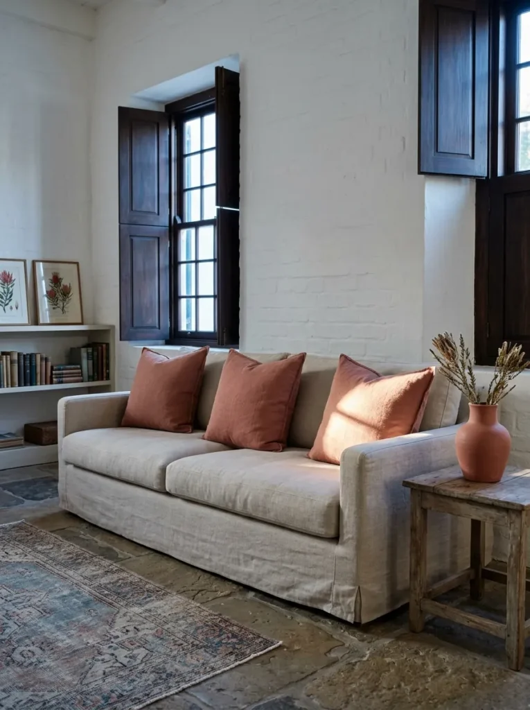 Dusty terracotta cushion and ceramic vase as a single accent color in a Cape Town colonial living room.

