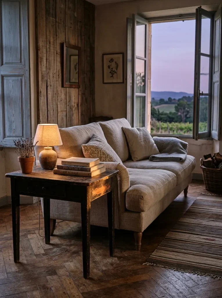 Scuffed vintage side table beside a coordinated linen sofa in a Provence farmhouse living room.

