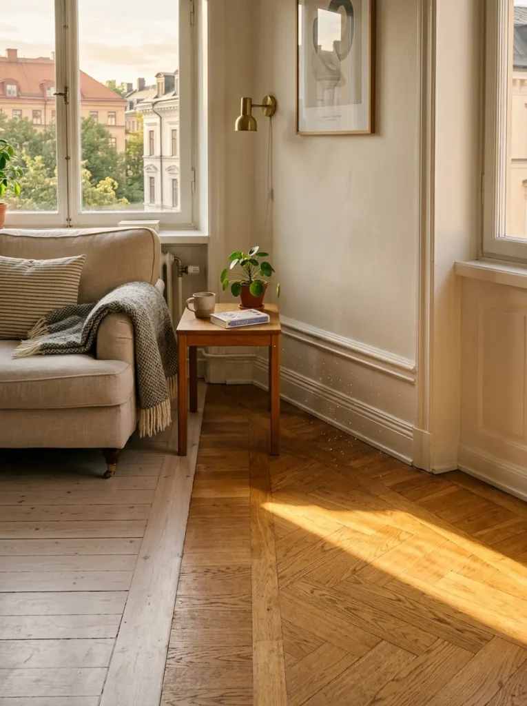 Whitewashed oak floorboards catching golden afternoon light in a Nordic classic Stockholm apartment.

