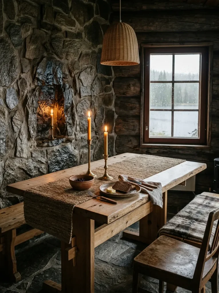 Birch dining table layered with rattan, clay, and unlacquered brass natural materials in a Finnish lakeside cabin dining room.