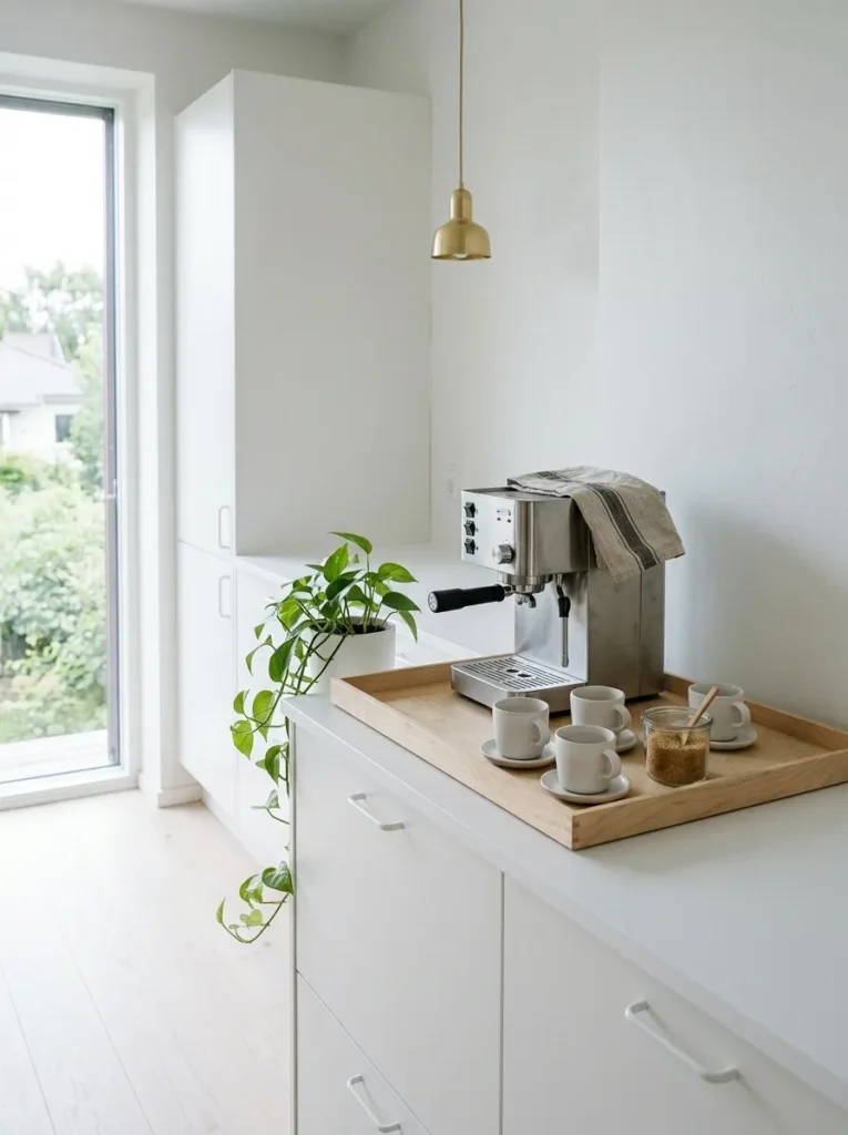  Scandinavian coffee station with a birch wood tray, white ceramic mugs, and a small green plant 