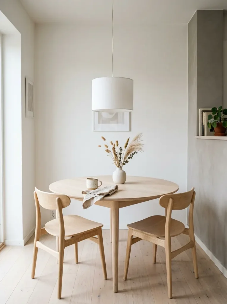 Scandinavian breakfast nook with a pale birch round table, molded wood chairs, and white pendant light