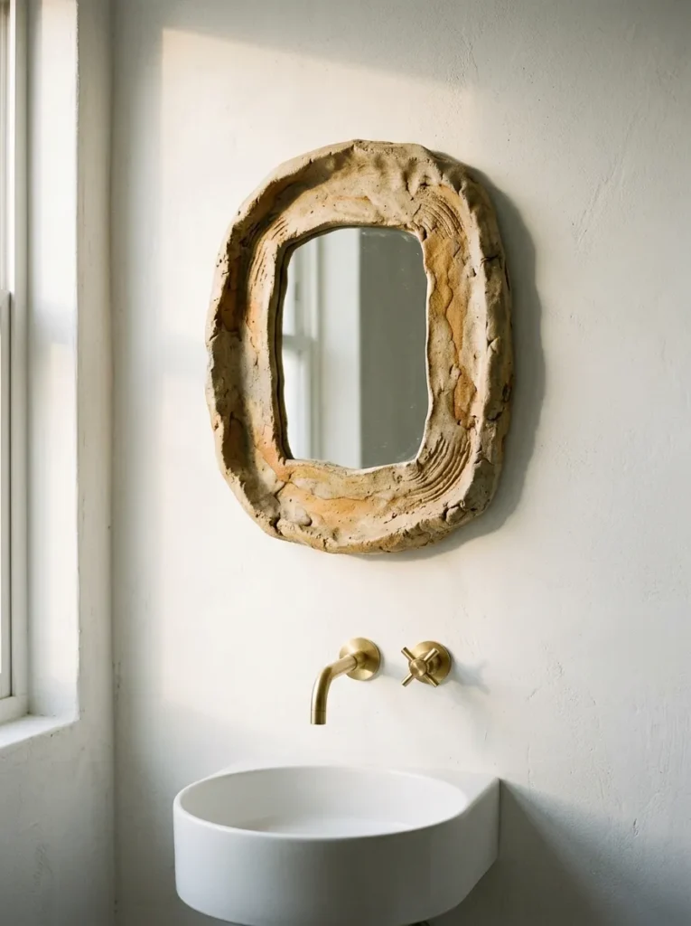 Hand-formed raw ceramic border sculptural mirror above a minimal wall-mounted basin with bare white walls and warm raking sidelight
