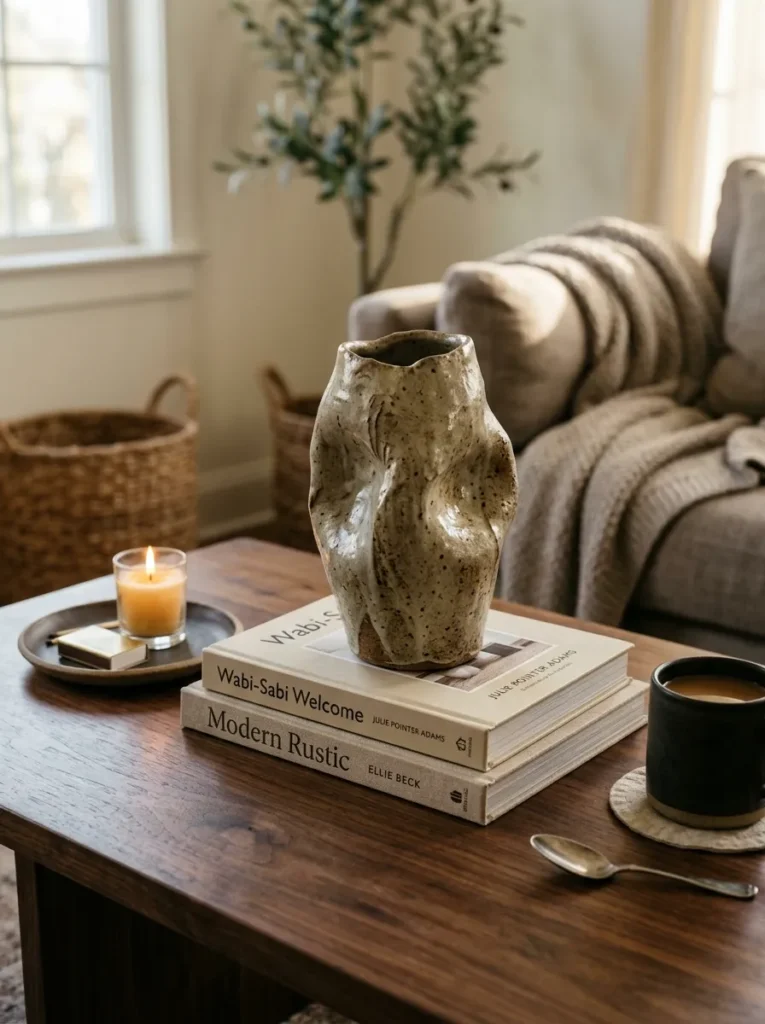 Abstract handmade ceramic sculpture in a warm stone glaze positioned on stacked books as the focal point of a coffee table arrangement
