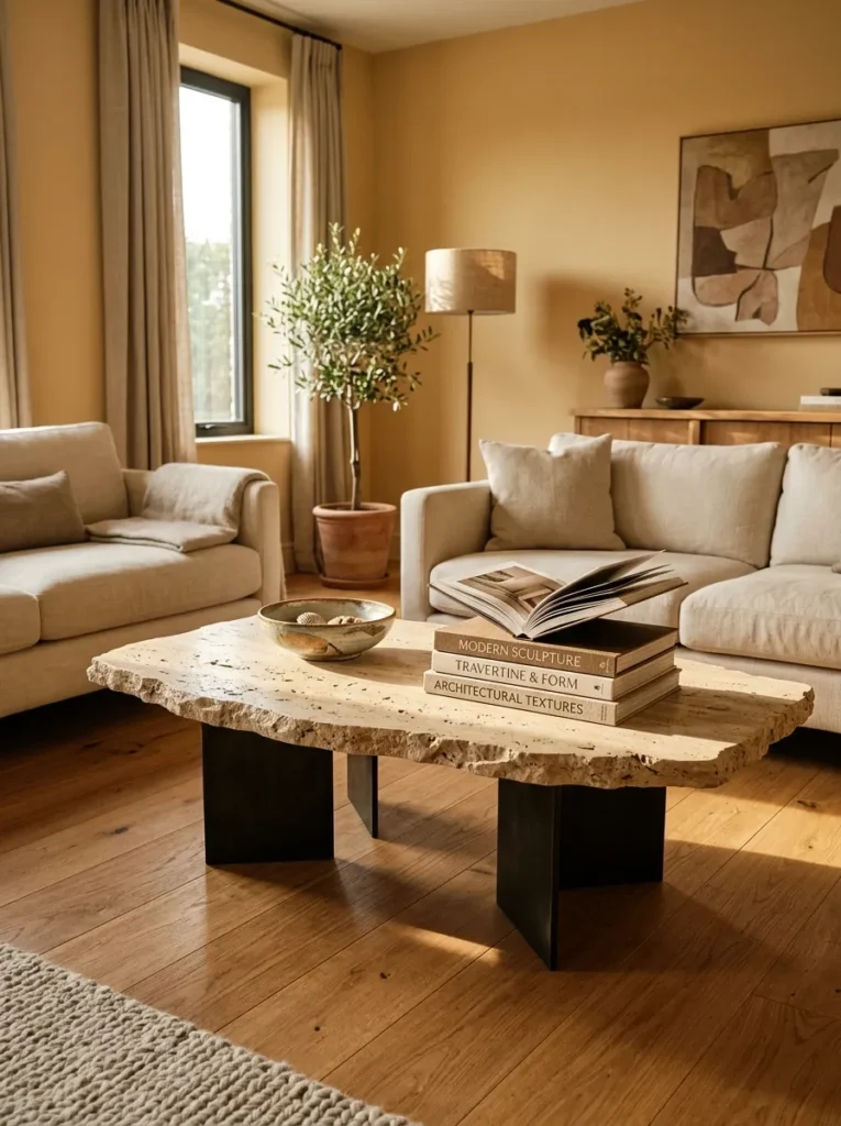  A sculptural travertine slab coffee table on geometric bronze legs as the living room focal point 