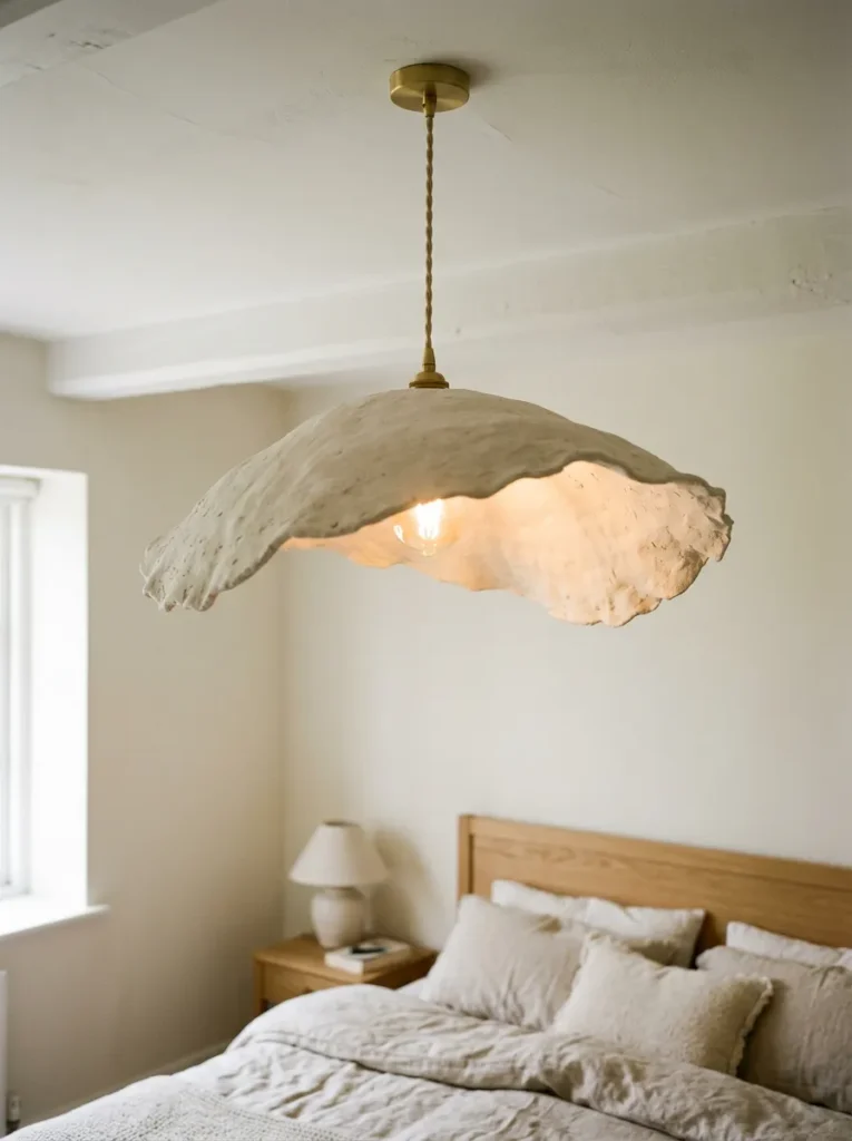 Large handformed plaster pendant with organic undulating edges hanging in a contemporary bedroom with warm light inside
