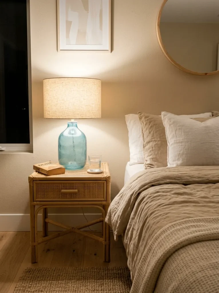 Sea glass blue ceramic lamp on a rattan nightstand as the single blue accent in a neutral sand and linen coastal bedroom
