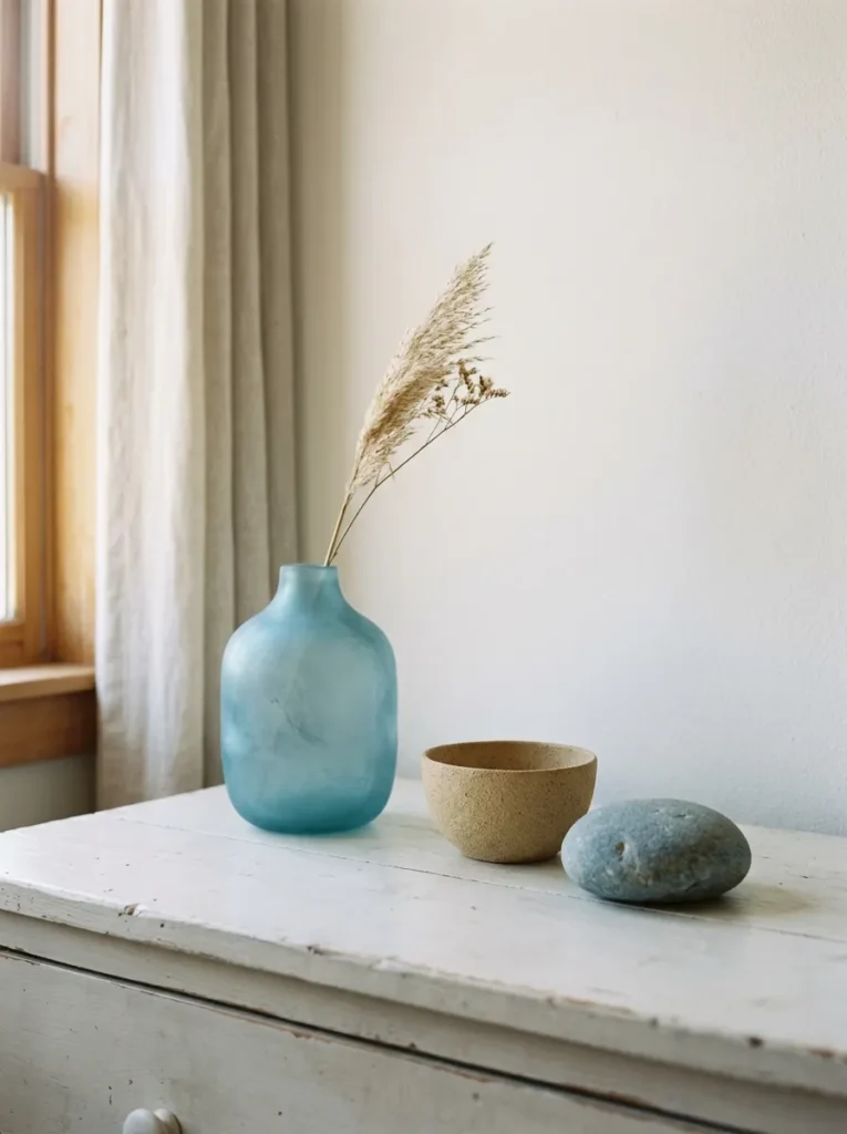 Coastal bedroom shelf with a sea glass vase, matte sandy ceramic bowl, and smooth stone — objects evoking the coast through material rather than imagery
