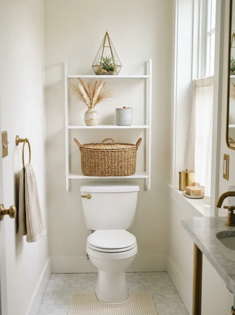 Three-tier bathroom étagère with a seagrass storage basket, dried pampas grass, and a small air plant