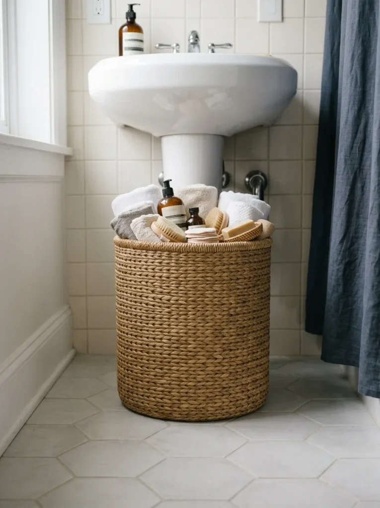 Large seagrass woven basket positioned under a pedestal bathroom sink, concealing the visible plumbing pipes, on pale hexagonal tile