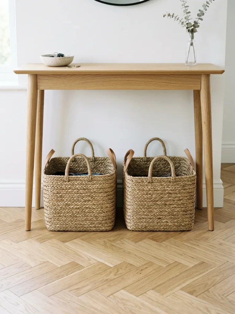 Two large matching seagrass baskets stored beneath a natural wood console table with a clean, minimal surface above
