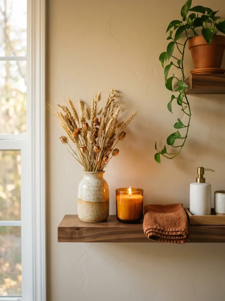 Walnut bathroom shelf with autumn accents including dried wheat, an amber candle, and a rust linen towel

