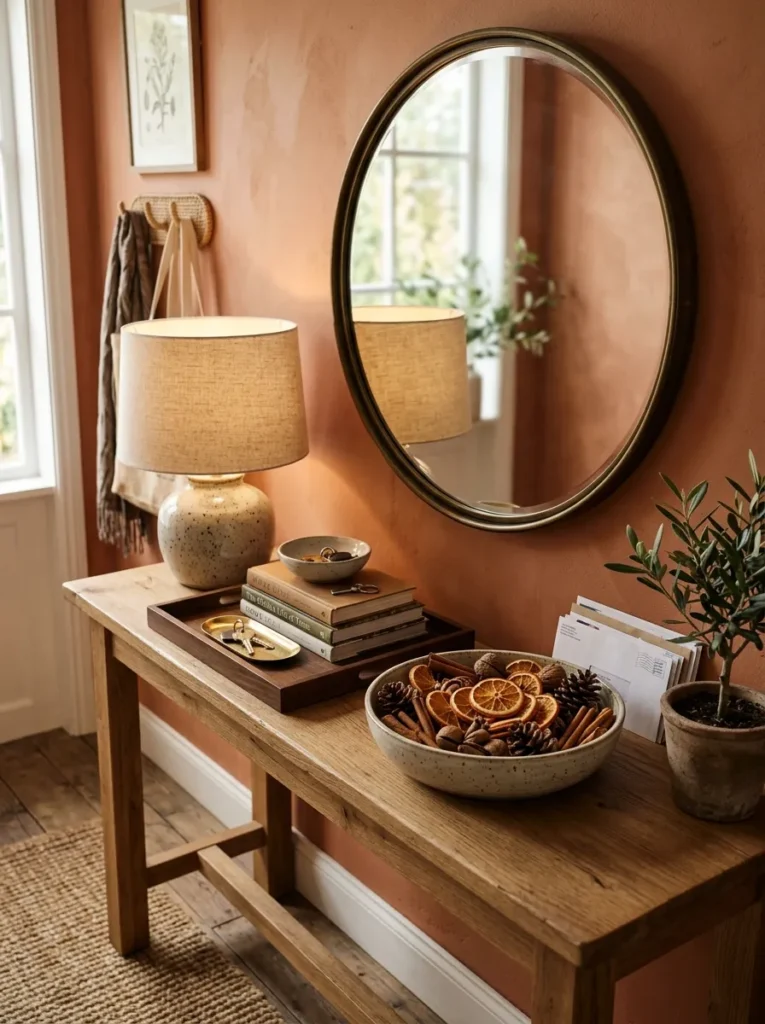 Entry console table with a fixed lamp and mirror arrangement and one seasonal autumn element — a bowl of dried orange slices and pinecones
