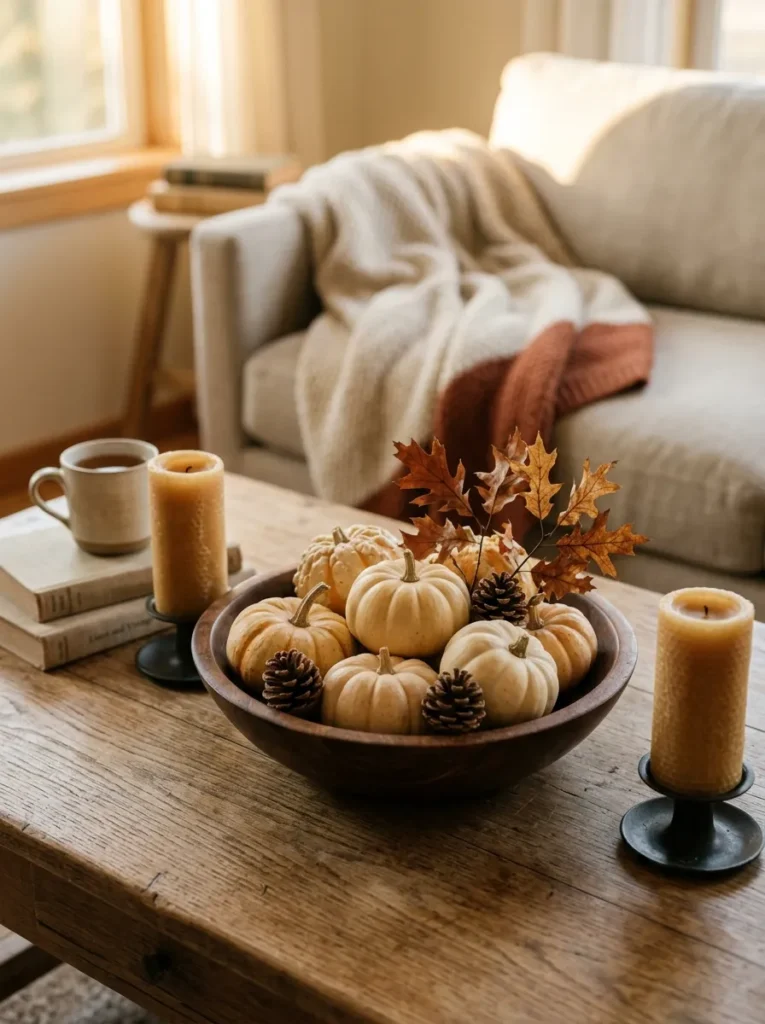 Fall coffee table arrangement with a wooden bowl of small gourds and pinecones flanked by beeswax pillar candles on an oak table