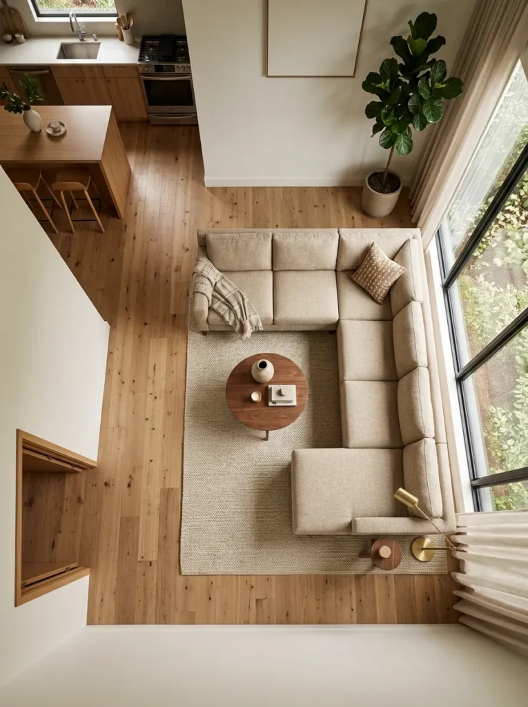 Overhead view of a living room showing an L-shaped sectional with the chaise facing the window wall, leaving clear pathways to the doorway and kitchen