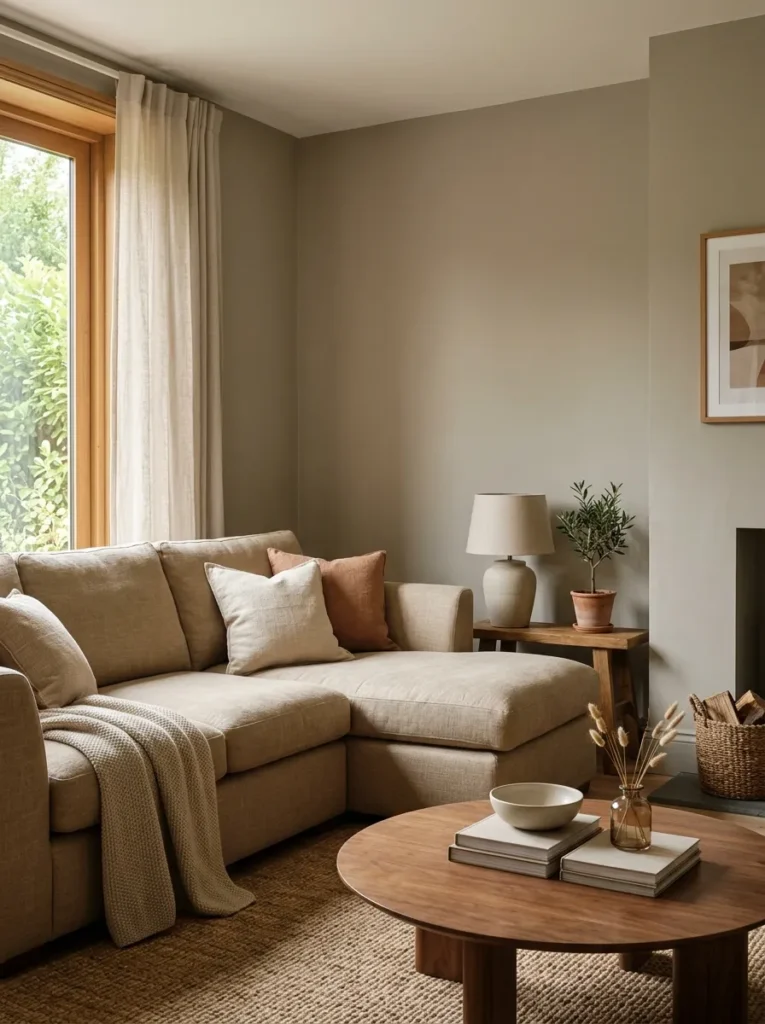 Warm sand linen sectional against warm greige walls with natural wood furniture, showing a coherent tonal material palette throughout the room