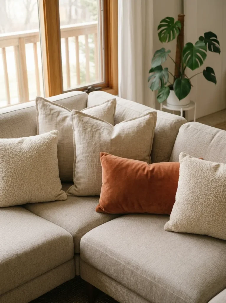 Sectional sofa cushions in three different sizes — large linen squares, bouclé cushions, and a terracotta velvet lumbar — arranged as a considered mix