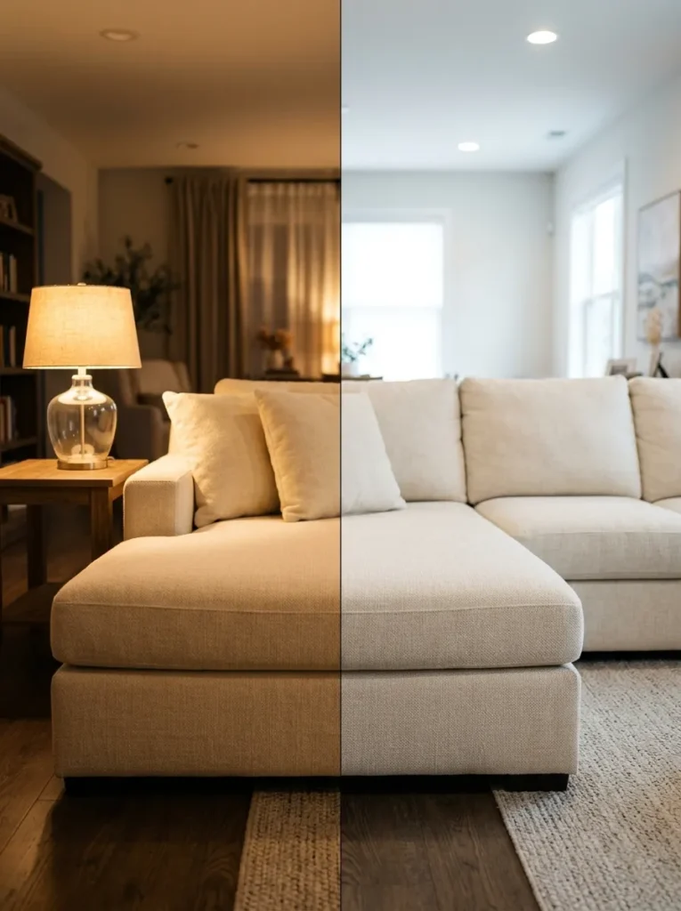 Same cream sectional fabric photographed under warm lamplight on the left and cool overhead light on the right, showing how lighting changes apparent colour