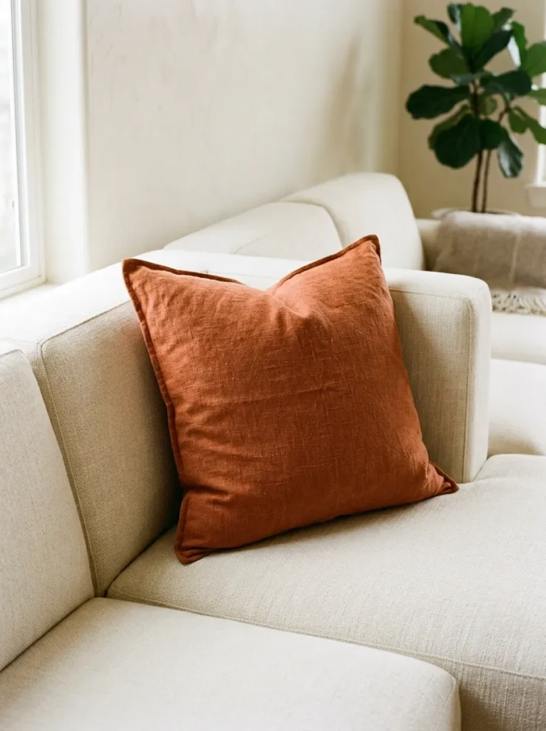 Inner corner of a cream sectional sofa with a large oversized terracotta linen cushion placed precisely in the angle as a deliberate styling decision