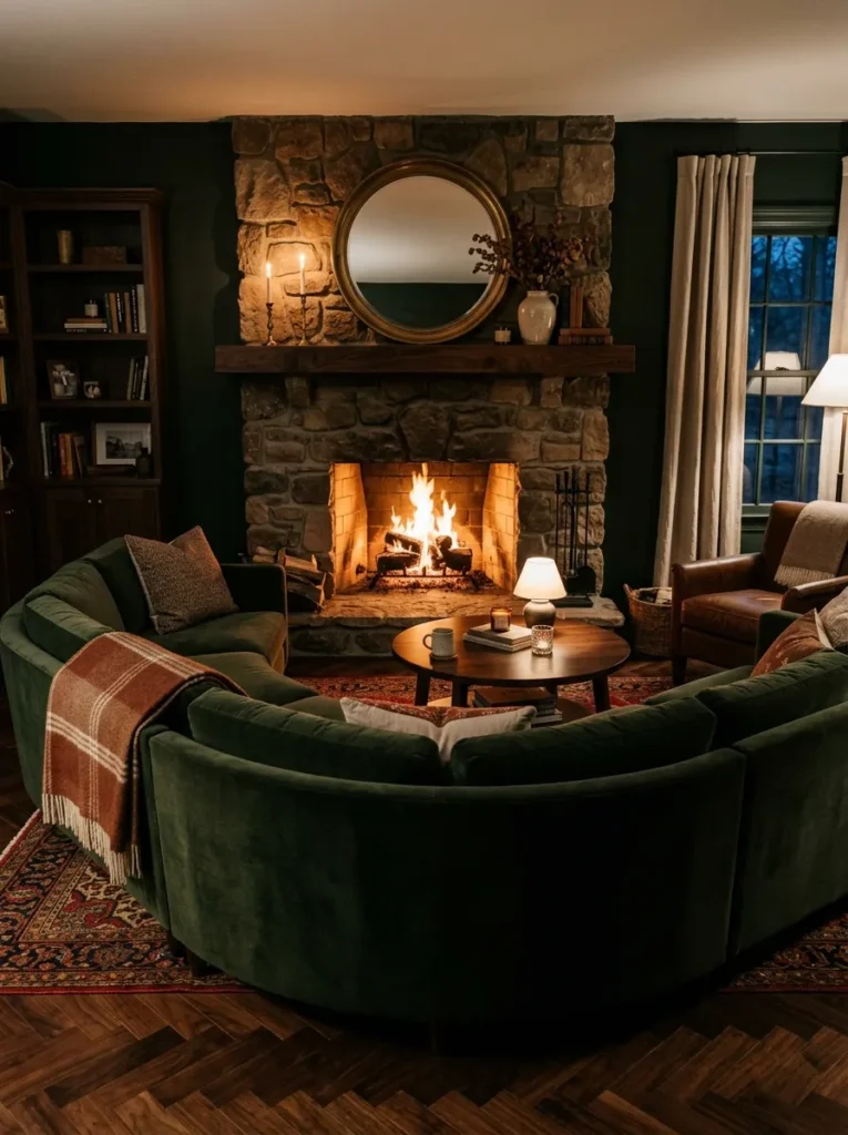 Living room with a sectional facing a lit stone fireplace as the focal point, no television visible, in a dark green room with herringbone floor