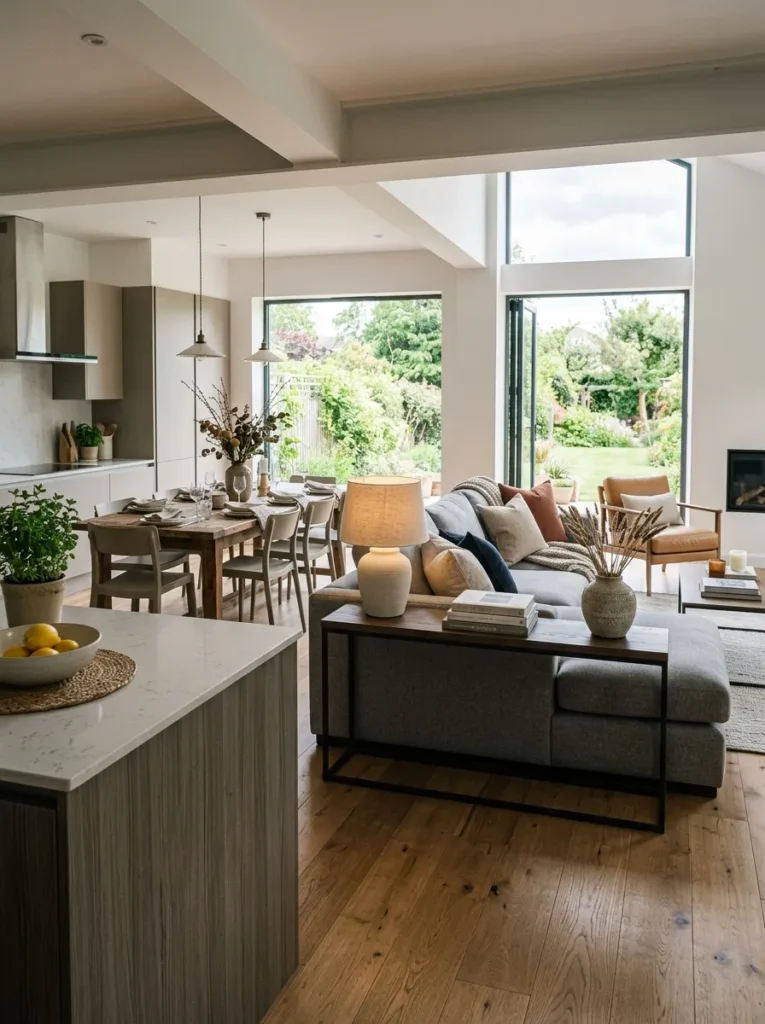 Grey sectional with its back to the kitchen area acting as a room divider in an open-plan space, narrow console table with lamp positioned behind the sofa