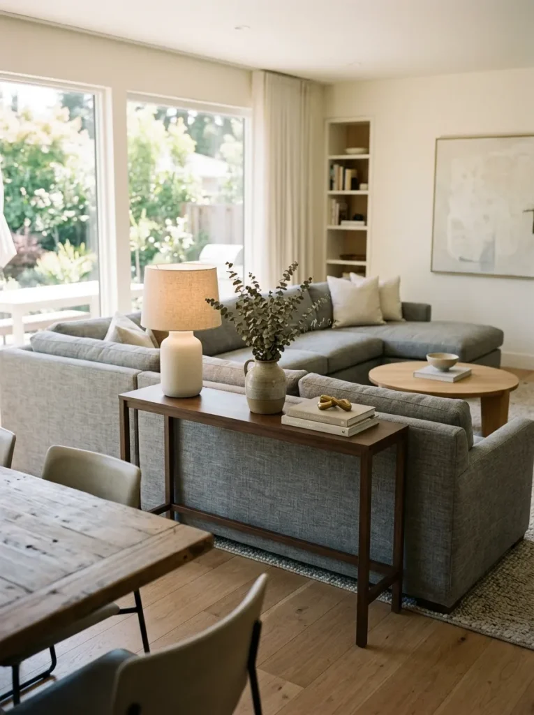 Back of a grey sectional sofa visible from the dining area with a slim console table behind it holding a lamp and decorative objects