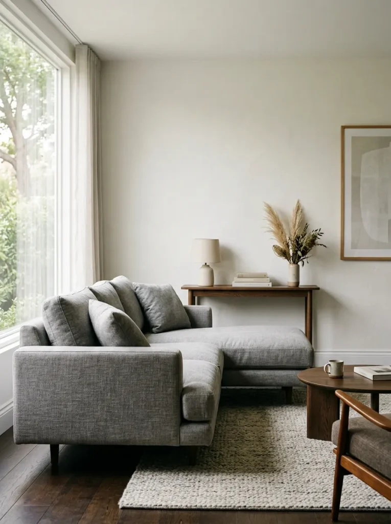 Grey linen sectional floating approximately 50cm from the wall with a narrow console table and lamp in the gap behind the sofa