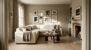 Cream bouclé L-shaped sectional floating in a living room with round walnut coffee table, oatmeal rug, arc floor lamp, and gallery wall behind