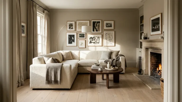 Cream bouclé L-shaped sectional floating in a living room with round walnut coffee table, oatmeal rug, arc floor lamp, and gallery wall behind