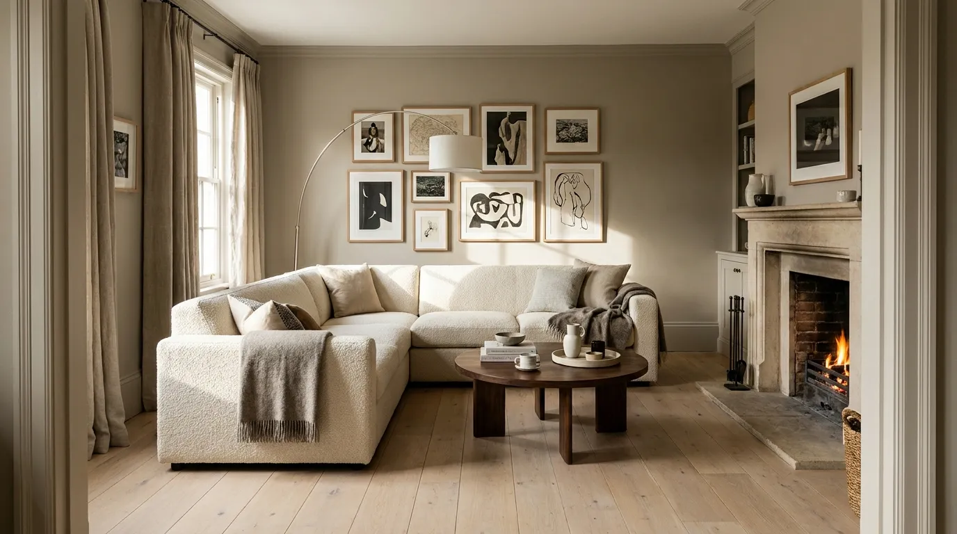 Cream bouclé L-shaped sectional floating in a living room with round walnut coffee table, oatmeal rug, arc floor lamp, and gallery wall behind