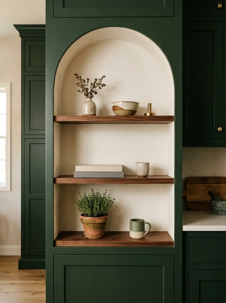 Open walnut shelving in a kitchen alcove between dark green closed cabinetry, holding a few ceramics, books, and a terracotta herb pot