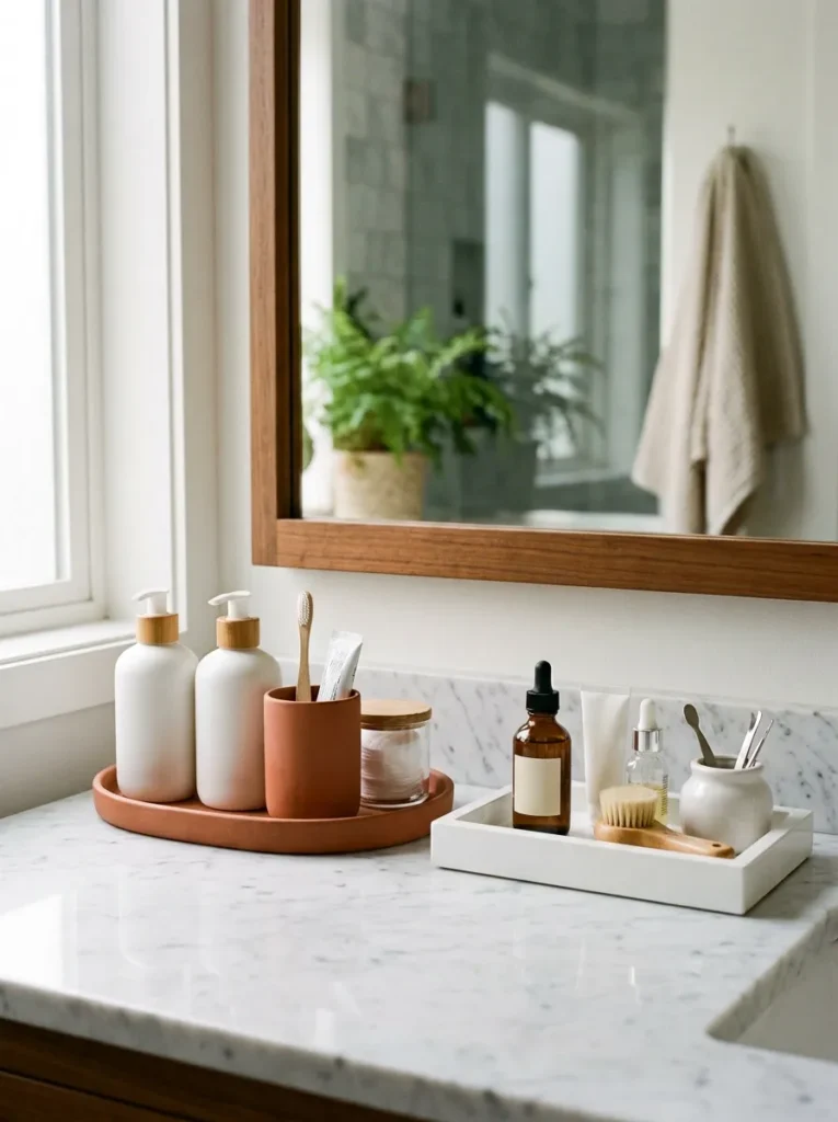 Shared bathroom counter with two visually distinct but coordinating personal caddies — a terracotta ceramic tray with white dispensers on the left and a white lacquered tray with skincare items on the right
