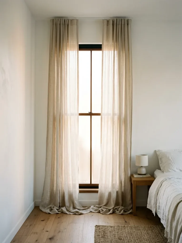 Sheer natural linen curtains hanging floor-to-ceiling in a coastal bedroom, diffusing morning light into a soft ambient glow
