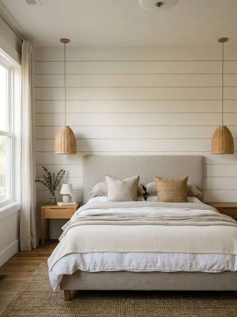 White shiplap accent wall behind a linen headboard in a coastal bedroom with shadow lines visible between horizontal planks

