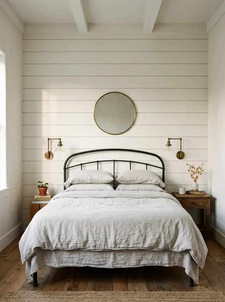 White painted horizontal shiplap accent wall behind an iron bed with aged brass sconces in a farmhouse bedroom
