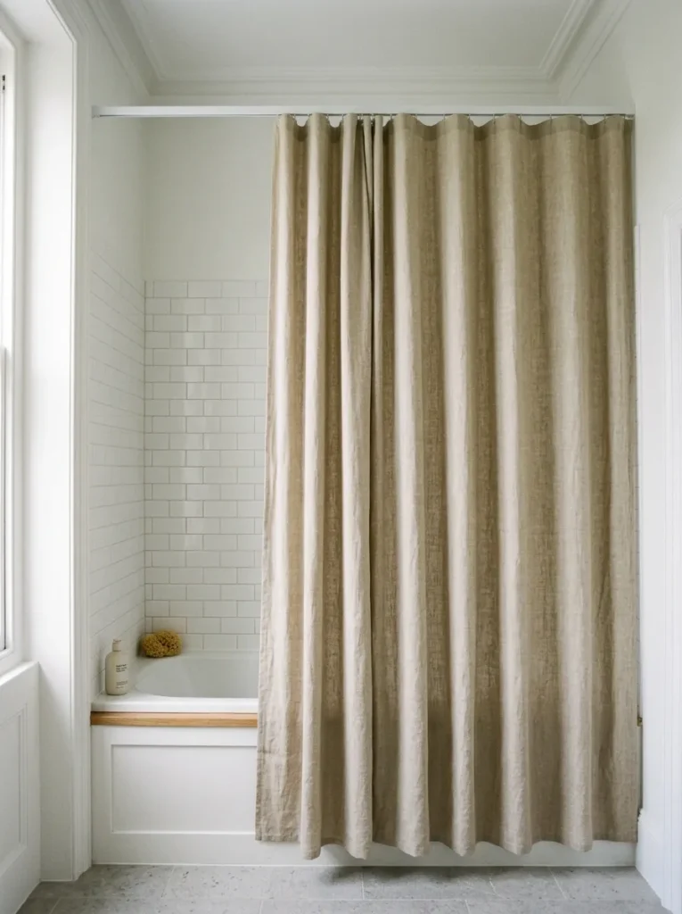 Oatmeal linen shower curtain hanging from a rod mounted close to the ceiling, falling the full height to the bath edge in a white-tiled bathroom